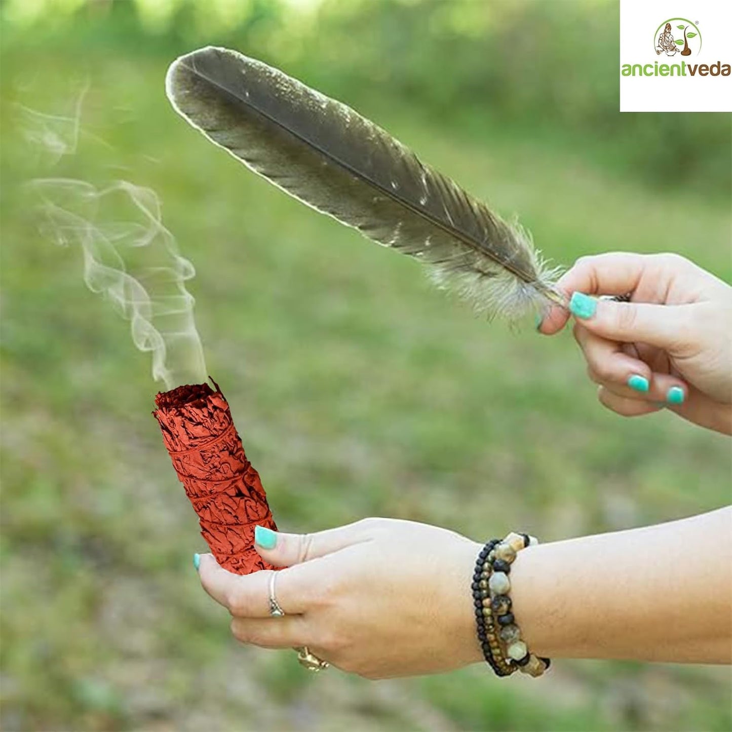 Ancientveda Sage Smudge Kit | Dragon's Blood Sage, Sweetgrass, & Palo Santo Sticks (6 Pieces) for Meditation, Yoga, Reiki, Home Cleansing, & Aromatherapy