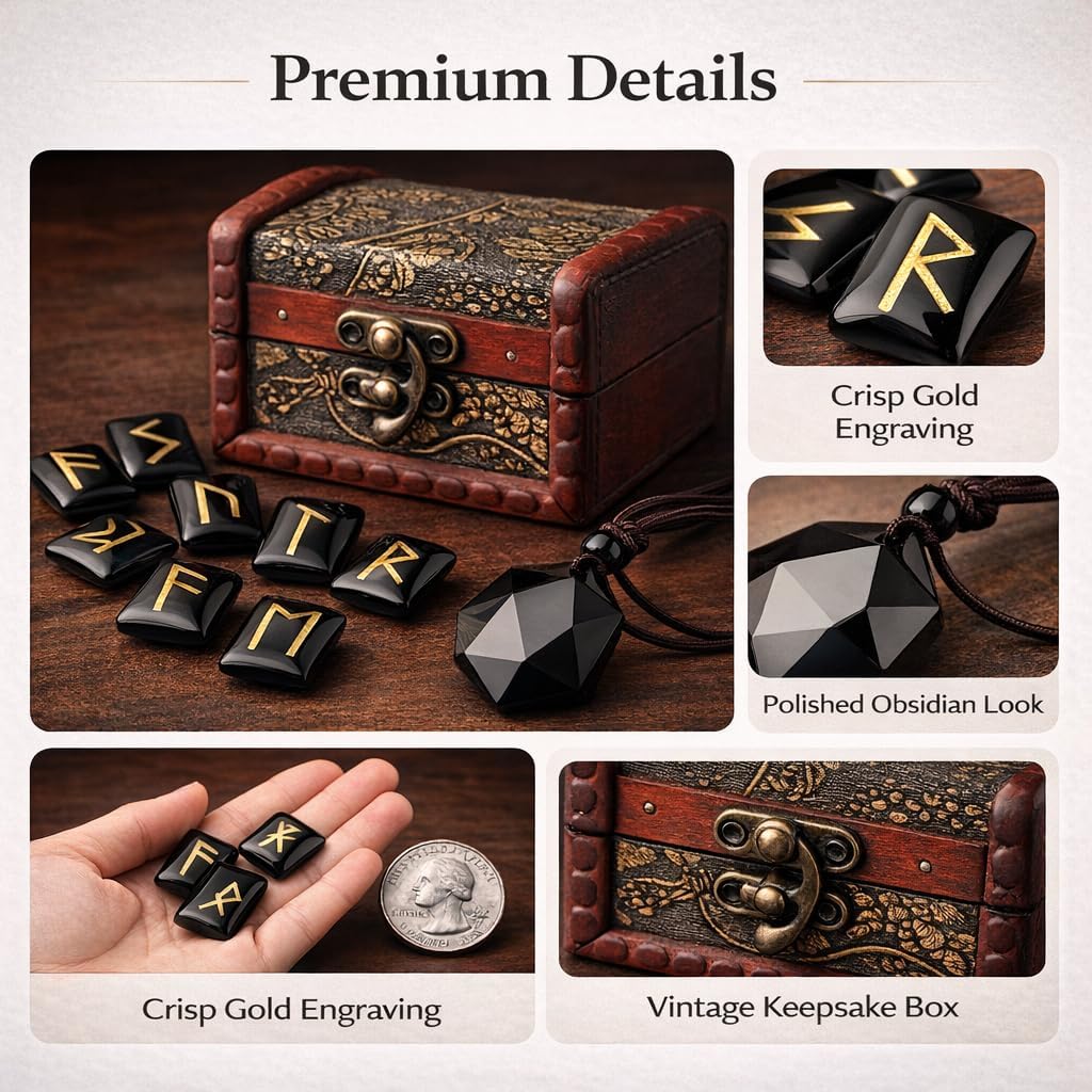 kcrygogo Rune Set with Elder Futhark Alphabet Crystal Meditation Divination Healing Chakra Reiki with Vintage Wooden Box and Natural Obsidian Pendant(3Pcs)