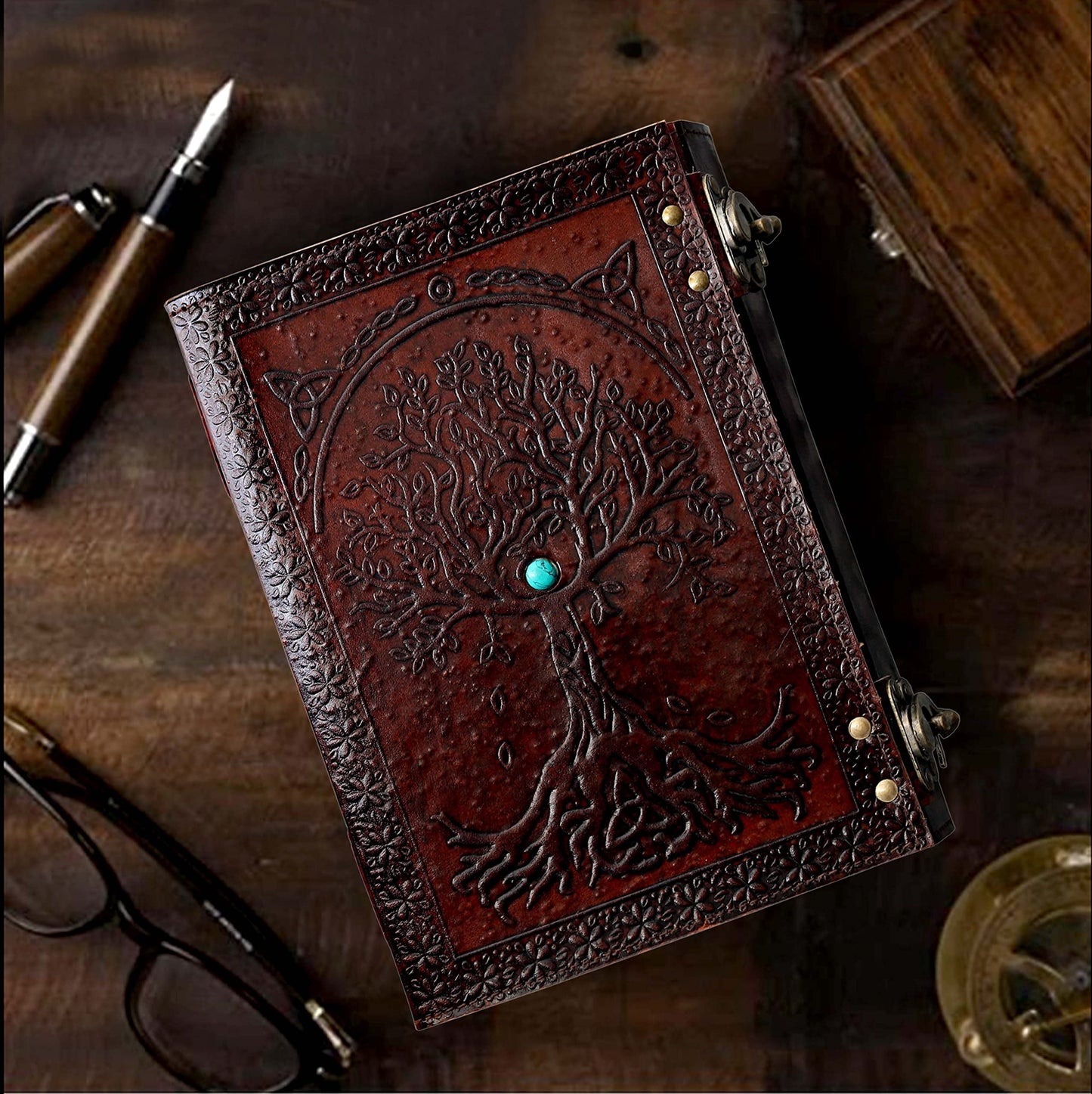 cuero C Leather Sun and Moon Embossed with Beautiful Blue Stone Journal Diary Notebook, Planner, Organizer, Sketchbook, Blank Book Journal (Sun and Moon)