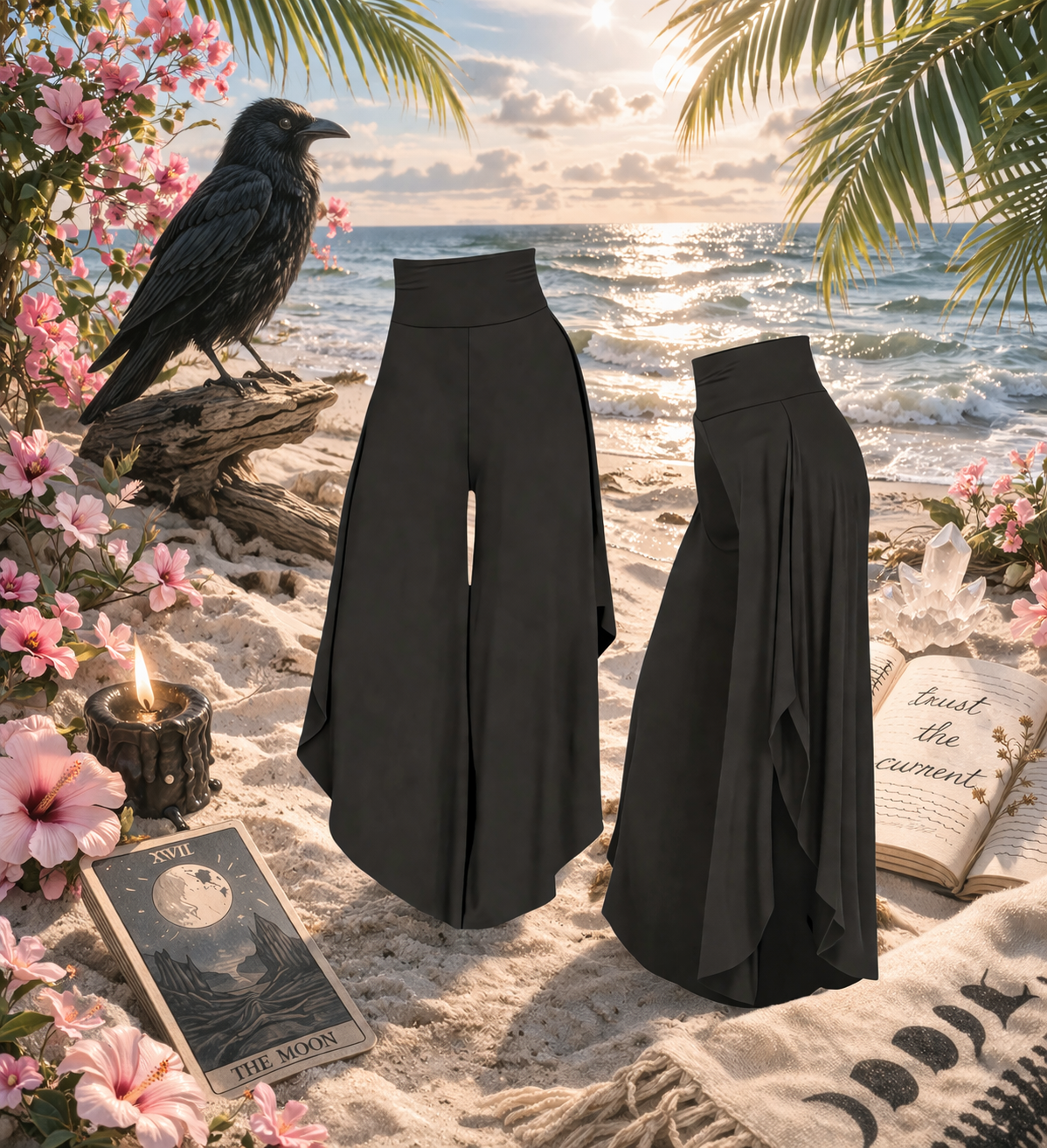 Kalm Tarot Flow Pants – High Waisted Wide Leg Boho Beach Pants (Black)