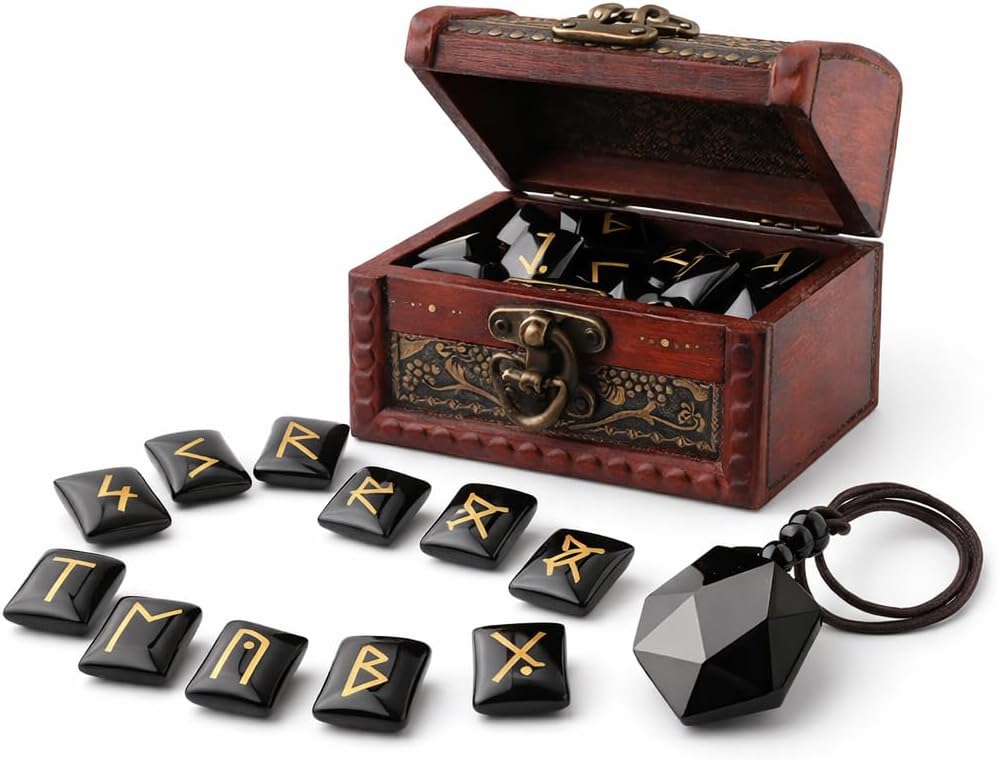 kcrygogo Rune Set with Elder Futhark Alphabet Crystal Meditation Divination Healing Chakra Reiki with Vintage Wooden Box and Natural Obsidian Pendant(3Pcs)