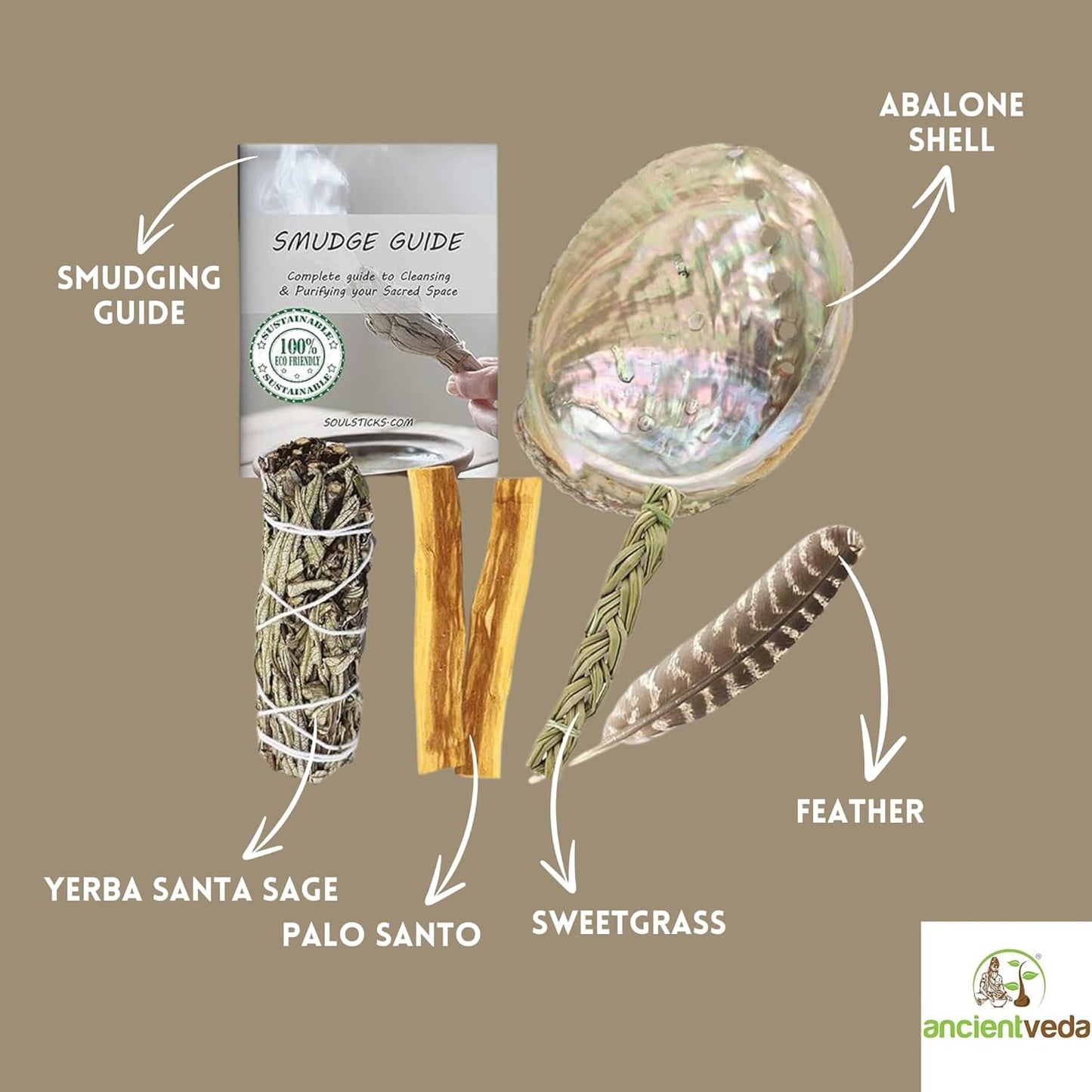 Ancientveda Sage Smudge Kit | Dragon's Blood Sage, Sweetgrass, & Palo Santo Sticks (6 Pieces) for Meditation, Yoga, Reiki, Home Cleansing, & Aromatherapy