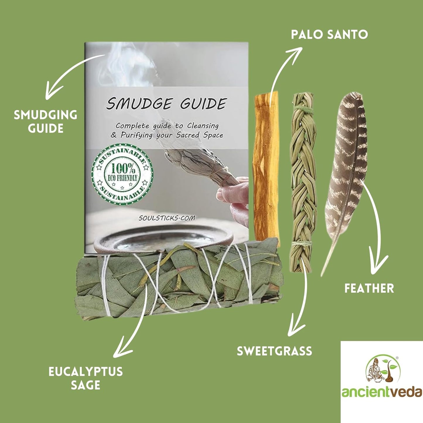 Ancientveda Sage Smudge Kit | Dragon's Blood Sage, Sweetgrass, & Palo Santo Sticks (6 Pieces) for Meditation, Yoga, Reiki, Home Cleansing, & Aromatherapy