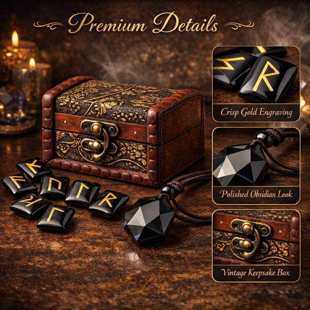kcrygogo Rune Set with Elder Futhark Alphabet Crystal Meditation Divination Healing Chakra Reiki with Vintage Wooden Box and Natural Obsidian Pendant(3Pcs)
