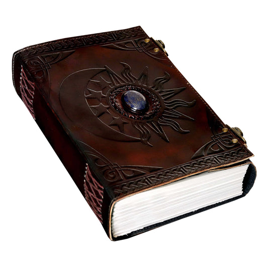 cuero C Leather Sun and Moon Embossed with Beautiful Blue Stone Journal Diary Notebook, Planner, Organizer, Sketchbook, Blank Book Journal (Sun and Moon)