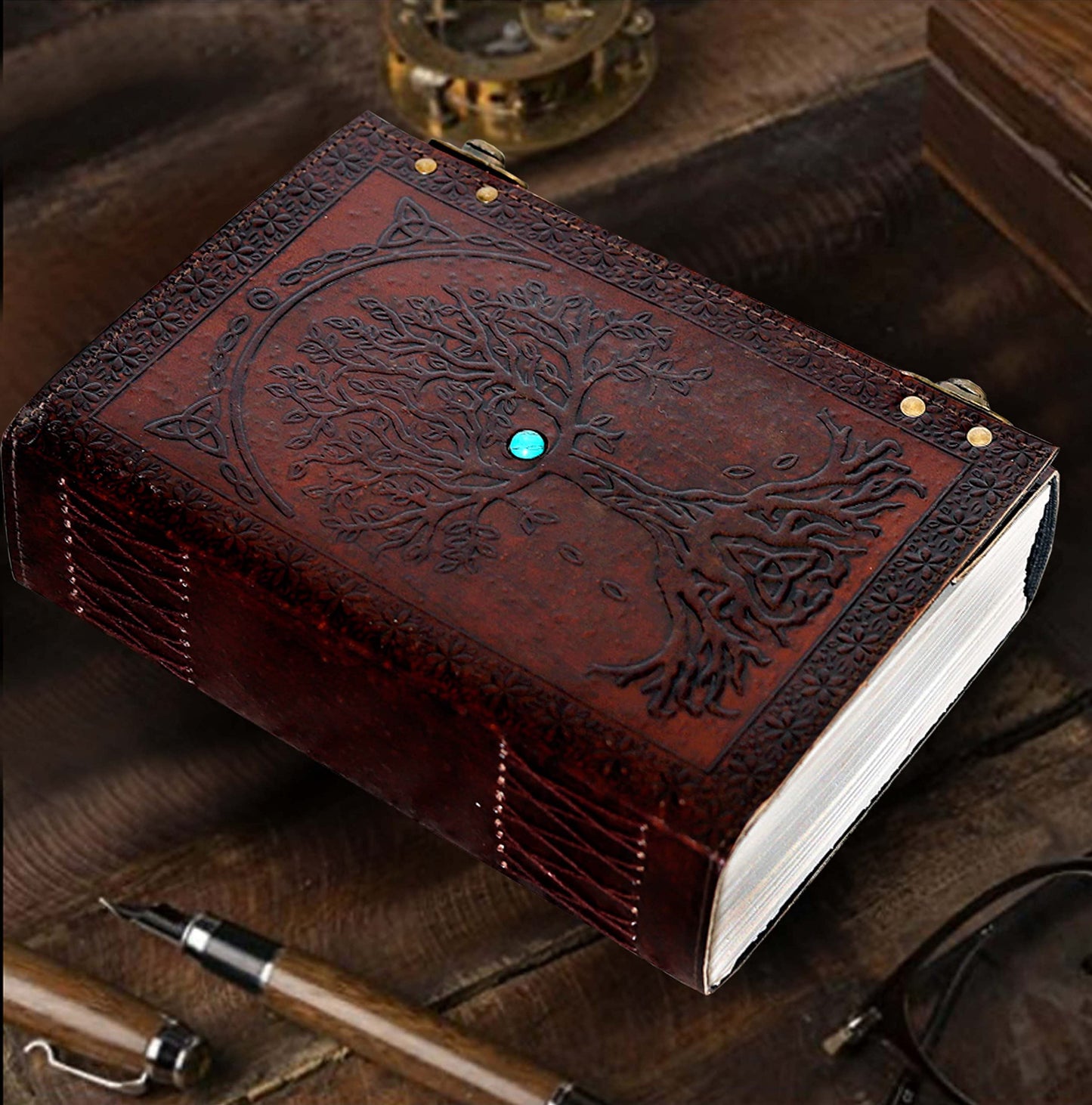 cuero C Leather Sun and Moon Embossed with Beautiful Blue Stone Journal Diary Notebook, Planner, Organizer, Sketchbook, Blank Book Journal (Sun and Moon)