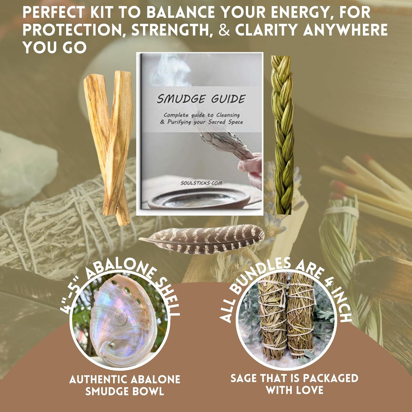 Ancientveda Sage Smudge Kit | Dragon's Blood Sage, Sweetgrass, & Palo Santo Sticks (6 Pieces) for Meditation, Yoga, Reiki, Home Cleansing, & Aromatherapy